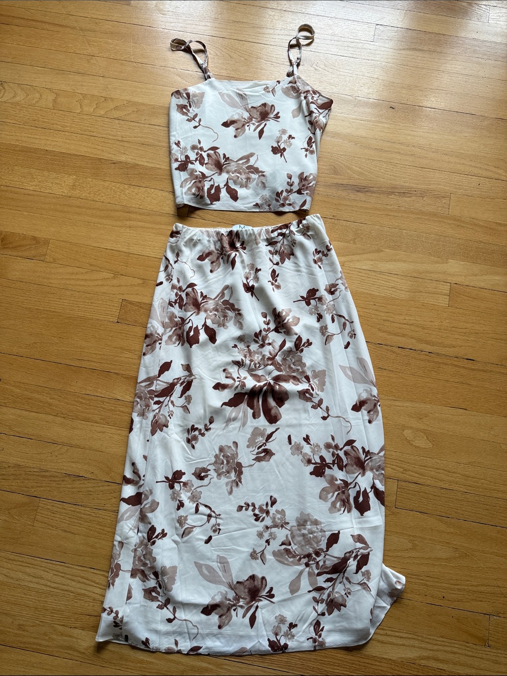 Magaschoni Cream and Brown Floral Two-Piece Skirt Set